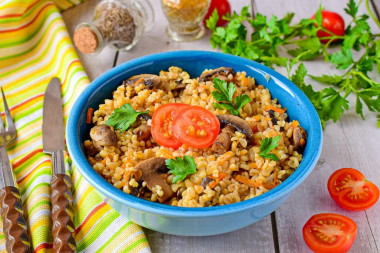 Bulgur with mushrooms and onions in a pan