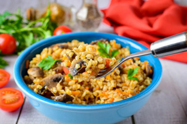 Bulgur with mushrooms and onions in a pan