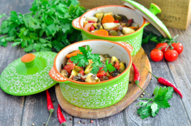 Vegetable stew in pots in the oven