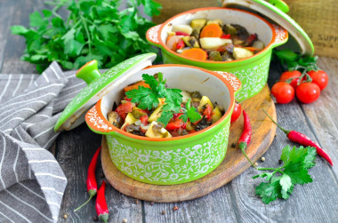 Vegetable stew in pots in the oven