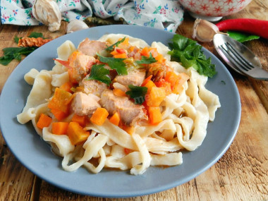 Lagman with pork and vegetables from homemade Uighur noodles