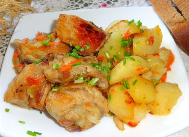 Chicken with carrots and onions in a cauldron on the stove