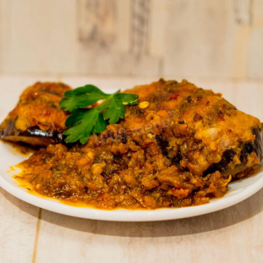 Eggplant with minced meat and adjika sauce