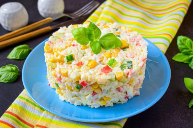 Crab sticks salad with rice and corn