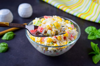 Crab sticks salad with rice and corn