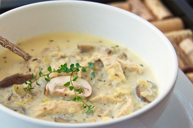 Chicken with mushrooms in sour cream in a frying pan