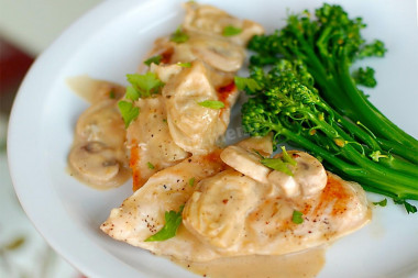 Chicken with mushrooms in sour cream in a frying pan