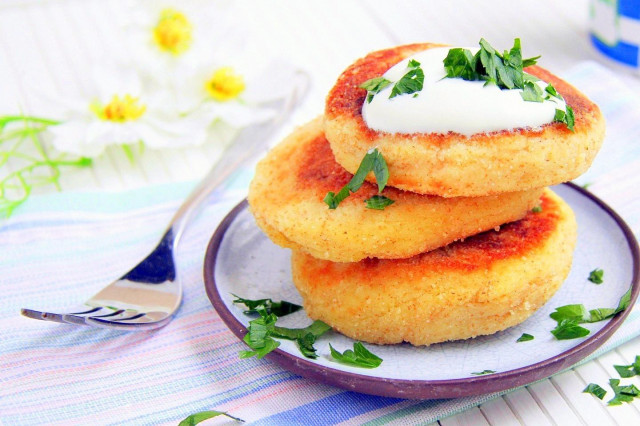 Mashed potato patties in a frying pan