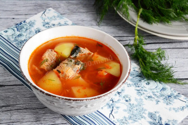 Canned salmon fish soup with potatoes