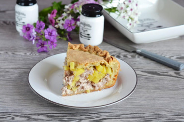 Pie with potatoes and minced meat in the oven