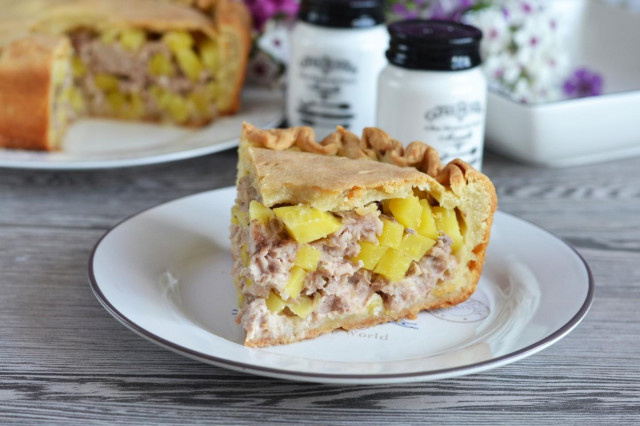 Pie with potatoes and minced meat in the oven