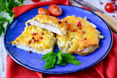 Pork with onions and cheese baked in the oven