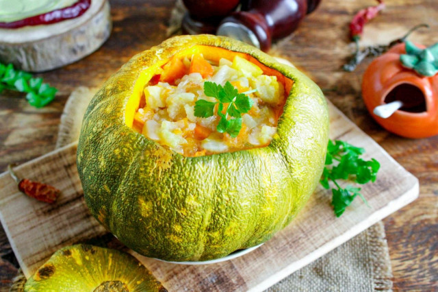 Vegetables in pumpkin baked in oven