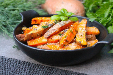 Sweet potato baked in the oven with cheese