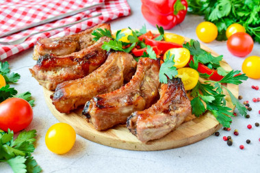 Pork ribs in soy sauce with honey in the oven