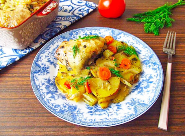 Chicken and potatoes, onions and carrots in the oven under foil