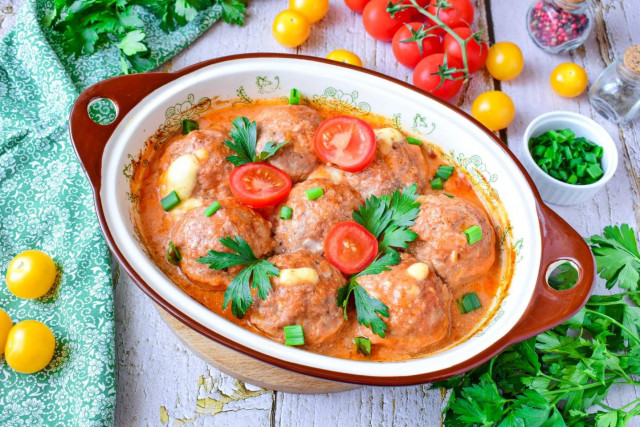 Meatballs with cheese in the oven in sour cream sauce