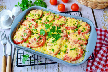 Casserole with rice and minced meat in in the oven