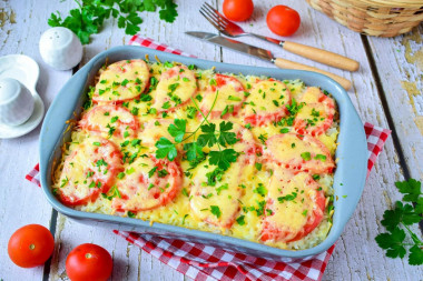 Casserole with rice and minced meat in in the oven