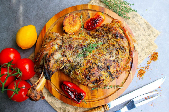 Leg of lamb baked in the oven in foil