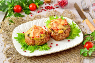 Minced meat nests stuffed with cheese and mushrooms in the oven