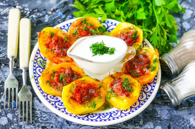 Potatoes stuffed with minced meat in the oven