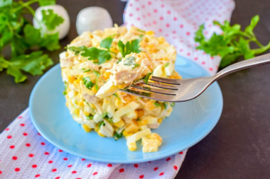 Salad with corn, egg, chicken and cheese