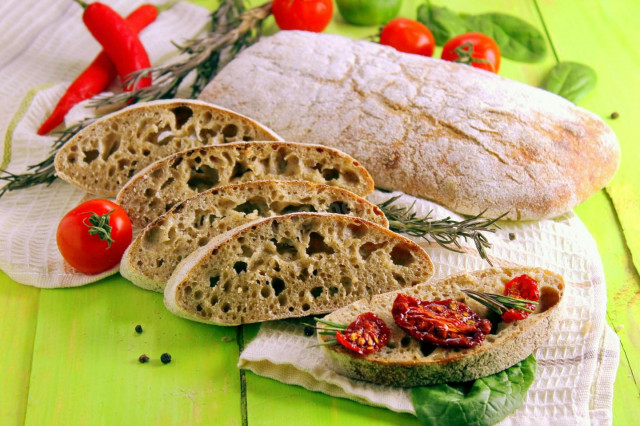 Ciabatta on rye sourdough at home in the oven