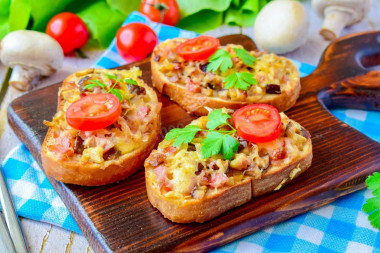 Hot sandwiches with mushrooms and cheese in the oven