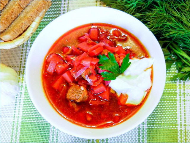 Classic hot beetroot soup with meat