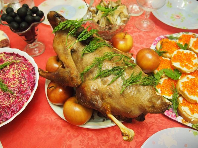 Goose with buckwheat baked whole in the oven