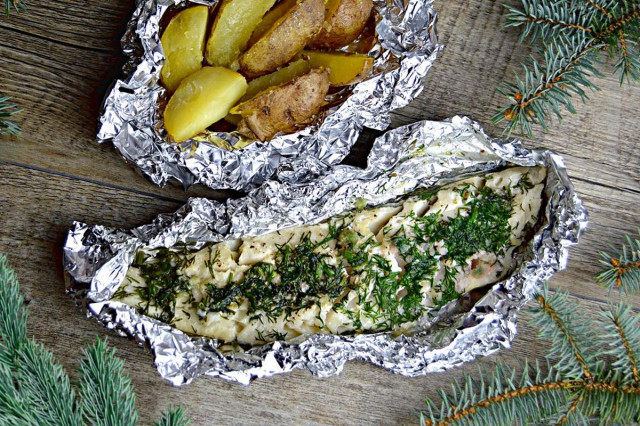 Pollock fillet baked in the oven in foil