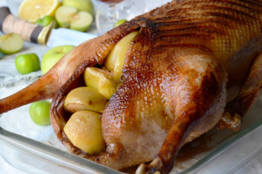 Baked goose with apples and cherry plum in the oven