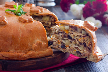 Classic chicken coop with chicken and potatoes and pancakes