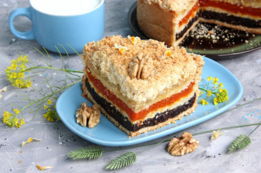 Pie with dried apricots and nuts, three-layered