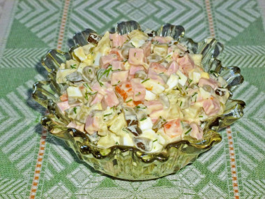 Olivier salad with pickles and sausage classic