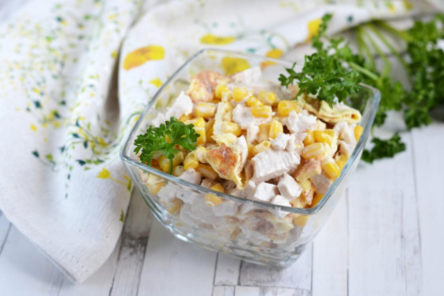 Salad with egg pancakes and chicken