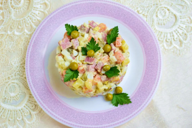 Classic Moscow salad with smoked sausage