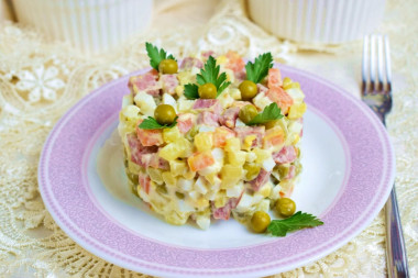 Classic Moscow salad with smoked sausage