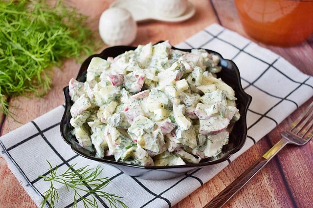 Radish salad with egg cucumber and green onion