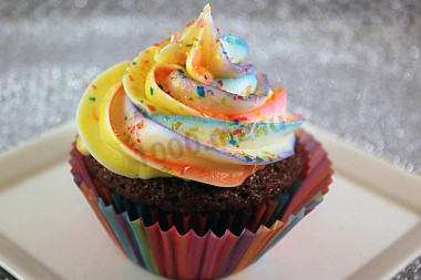 Classic chocolate cupcakes with different colored cream