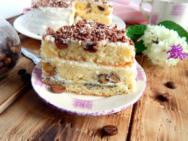 Cake with poppy seeds, walnuts and raisins