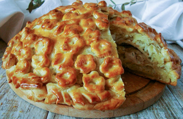 Pancake chicken coop with mushrooms and chicken