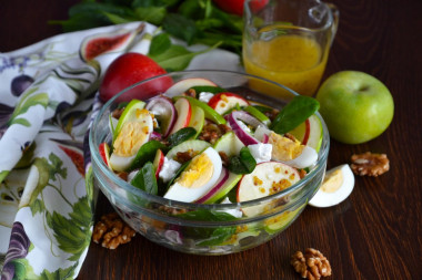 Salad with apples and cheese,  eggs with onions and nuts