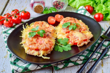 Chicken with cheese and tomatoes baked in the oven