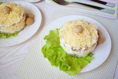 Chicken salad with mushrooms and cheese layers