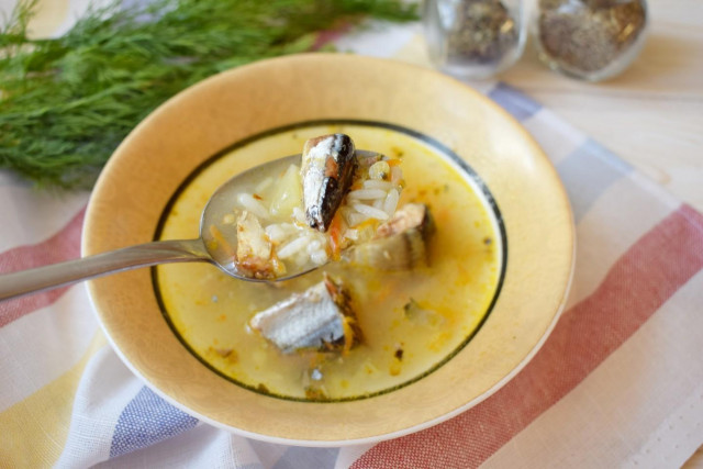 Canned saury fish soup with rice and potatoes