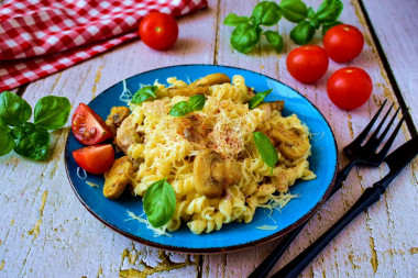 Pasta with mushrooms and chicken in cream sauce