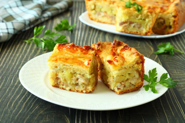 Layered pie with chicken and potatoes