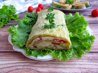 Zucchini roll with tomatoes and cheese